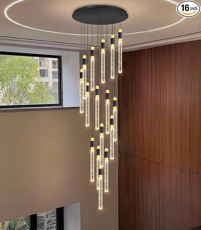 16-Lights 138 Inches Modern Chandelier LED Light Fixtures Adjustable High Ceiling Long Light Chandelier for Hallway Foyer Dimmable Lights with Remote Living Dining Ceiling Pendant Lighting