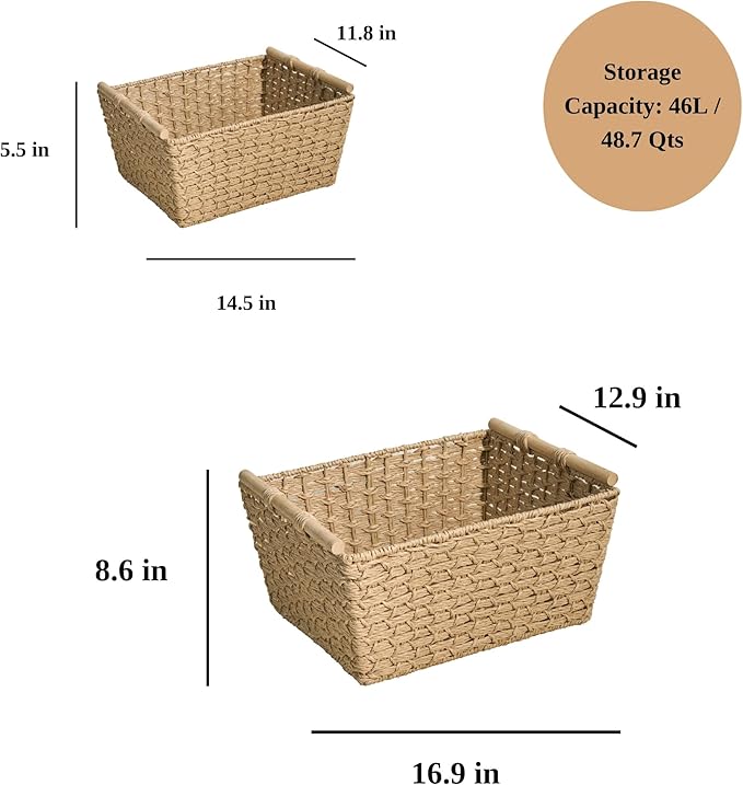 Isidore Paper Rope Woven Rectangular Multi-Use Baskets, 16.9" x 12.9" x 8.6", 14.5" x 11.8" x 5.5", Natural Brown
