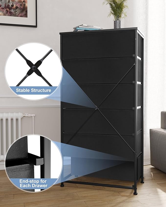 Crestlive Products Dresser for Bedroom with 6 Drawers, Tall Chest of Drawers, Black Dressers Bedroom Furniture, Storage Organizer Unit with Bins for Closet, Hallway, Living Room, Entryway