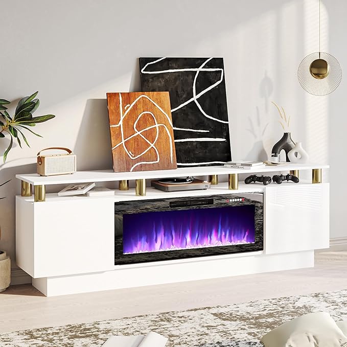 70" Modern Fireplace TV Stand with 36" Electric Fireplace for TVs Up to 80 inch, Luxury LED Light Entertainment Center with High Gloss Cabinet, TV Consoles for Living Room, White + Gold Posts