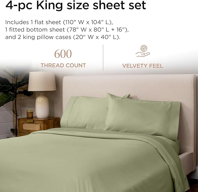 Threadmill 100% Cotton Sheets for King Size Bed - 600 Thread Count King Bed Sheets Set with 16” Deep Pocket - Sateen Weave 4-Piece Bedding Set with Cooling Effect, Sage Green