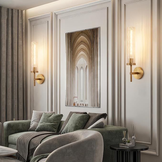 19.5" Knurled Brass Wall Sconces Set of 2, Gold Bathroom Vanity Light Fixtures with Crackle Glass Tube, Modern Lamp Lighting for Bedroom, Living Room, Hallway, Staircase, Mirror, Kitchen