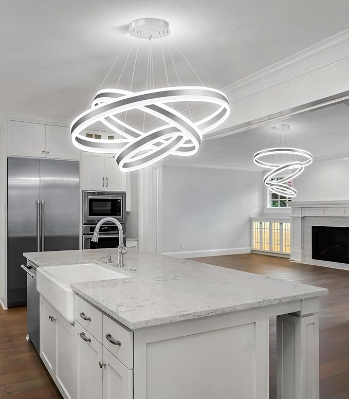 Modern LED Dimmable Chandeliers for Dining Room 3-Rings High Ceiling Chandelier for Living Room Adjustable Pendant Light Flush Mount Light Fixture for Foyer Entryway Bedroom |Silver