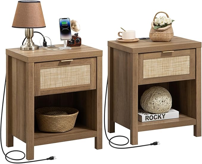 SICOTAS Rattan Nightstands Set of 2 - Farmhouse Night Stand with Drawer and Storage Shelf - Boho Bedside Table End Side Table for Bedroom, Oak