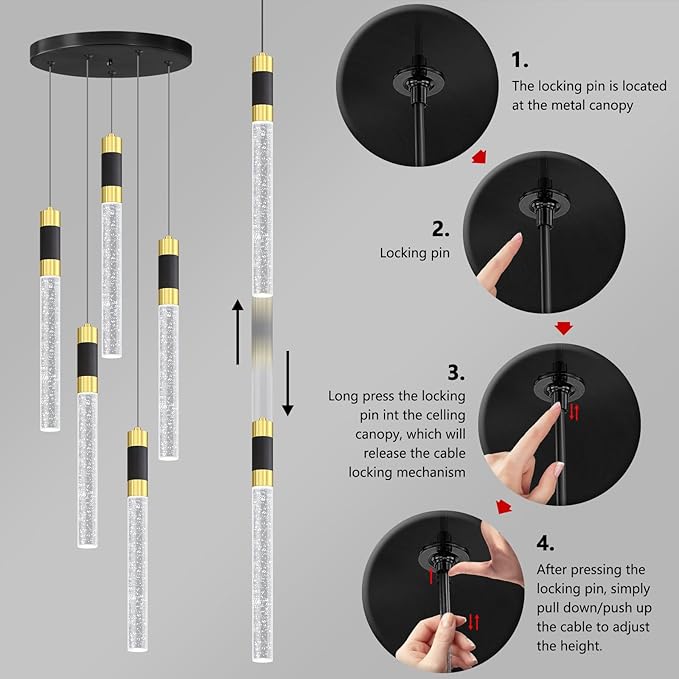 5-Lights Chandelier Kitchen Island LED Pendant Lights Dimming Lighting Modern Crystal Adjustable Hanging Light