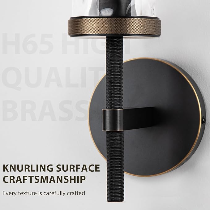 19.5" Knurled Brass Wall Sconces Set of 2, Black Gold Bathroom Vanity Light Fixtures with Water Ripples Glass Tube, Modern Lamp Lighting for Bedroom, Living Room, Hallway, Staircase, Mirror, Kitchen
