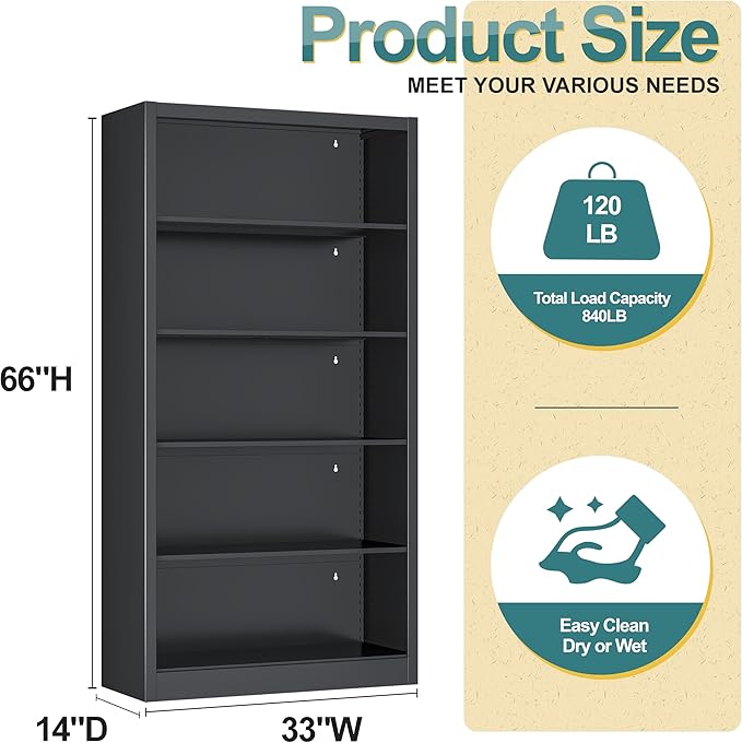 66"Heavy-Duty Steel Open Storage Cabinet with Adjustable Shelves, 6-Tier Shelving Unit, Easy Assembly Freestanding Organizer for Garage, Pantry,Office, Living Room (Black, 5 Tier-66"Hx 33"W x14"D)