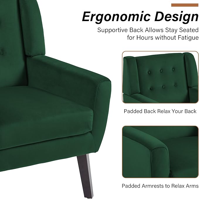 Lumibee Accent Chair, Modern Velevet Armchair for Living Room, Comfy Upholstered Arm Chair Tufted for Indoor Bedroom Office Room (Retro Green Velvet)