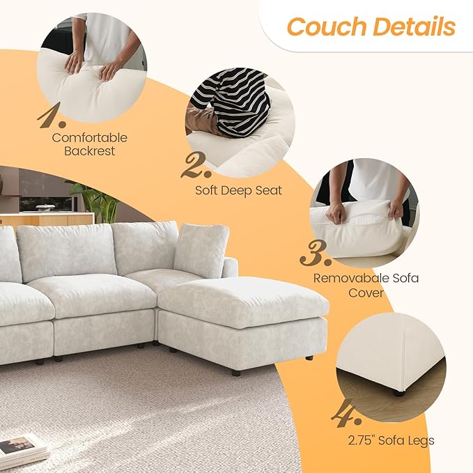 JACH 67" Love Seat Sectional Couches with Chaise Ottoman, Modern Convertible Modular Sofa, Cloud Sectional Couch, Sofa Covers Washable, Minimalist Couch for Living Room, Bedroom, Apartment, Beige