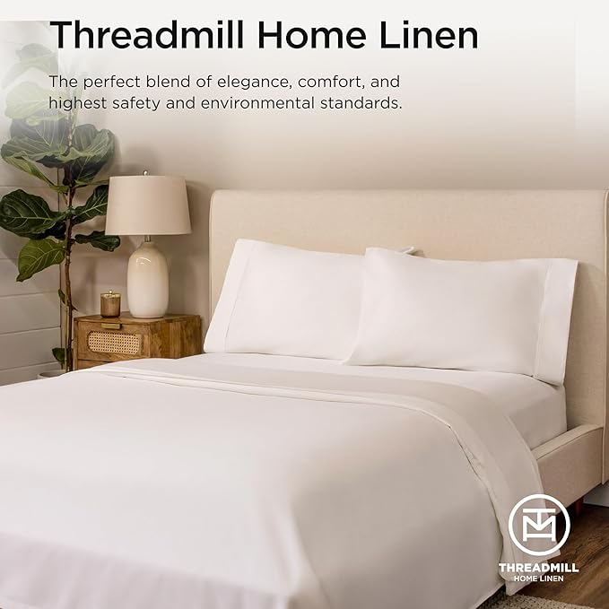 Threadmill 100% Cotton Sheets for Cal King Size Bed - 600 Thread Count Cal King Bed Sheets Set with 16” Deep Pocket - Sateen Weave 4-Piece Bedding Set with Cooling Effect, White