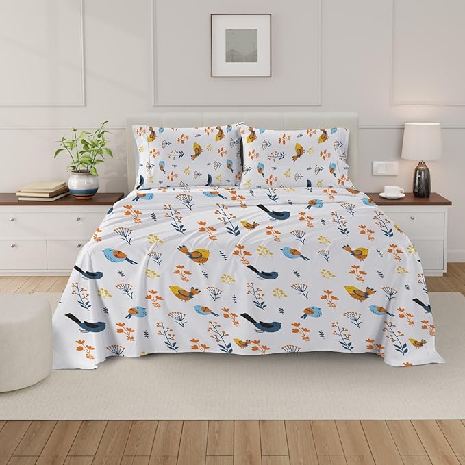 100% Egyptian Cotton Full Size 1000 Thread Count Sheet Set Bird Printed Cotton Bedsheet Set 16" Deep Pockets Breathable Super Soft Comfy All Season Bedding Sheet Set