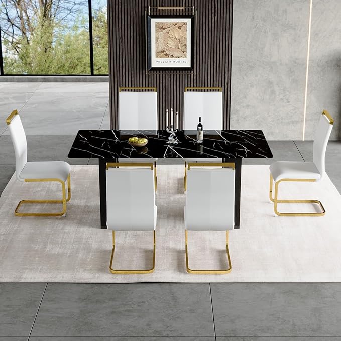 71'' Dining Table Set for 6，7 Piece Dining Table Set, Faux Marble Dining Room Table and PU Leather Chairs Set of 6 for Kitchen, Dining Room,Easy to Assemble