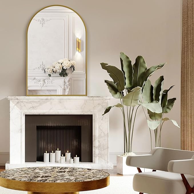 Large Gold Arched Mirror, 30" x 40" Modern Brushed Metal Frame Arch Wall Decorative Mirror, Arched Top Bathroom Vanity Mirror for Living Room Bedroom Hallways Entryway