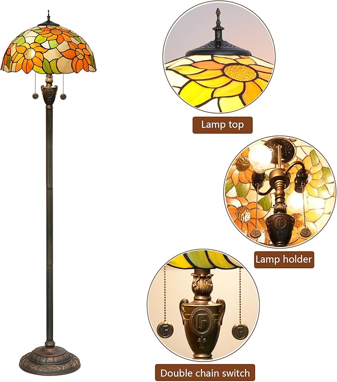 Tiffany Floor Lamp Sunflower Yellow Stained Glass Floor Light Bright Lighting Rustic Standing Lamp Vintage Unique Bronze Reading Corner Lamp for Home Decor Living Room Bedroom 16X16X64 Inches