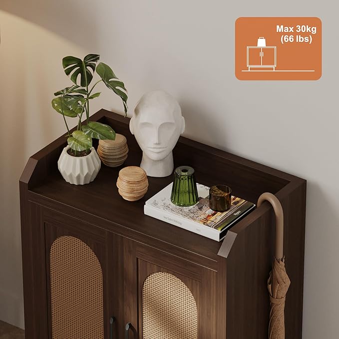 Shoe Cabinet Storage for Entryway, Natural Rattan Storage Cabinet, Wooden Shoe Rack, Farmhouse Boho Wood Shoe Organizer Cabinet for Hallway Walnut