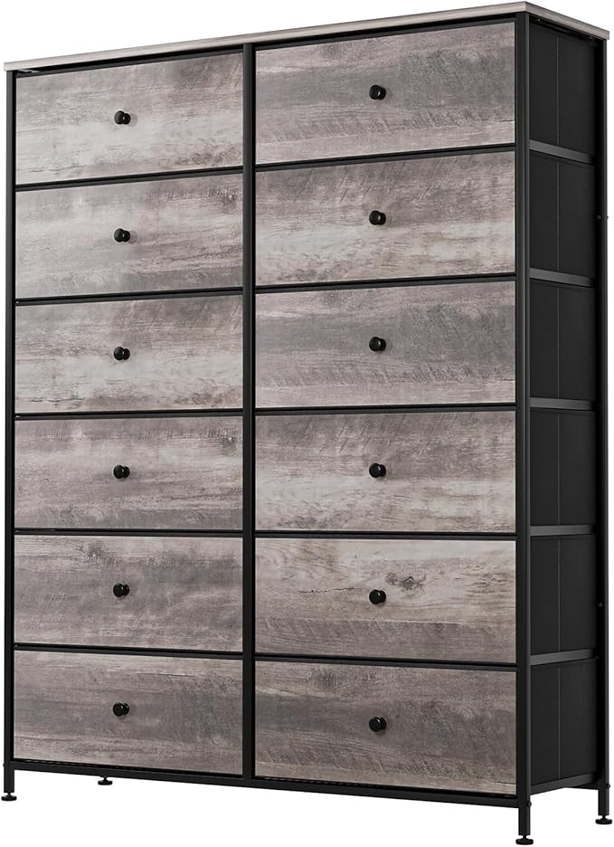 Arlopu 12-Drawer Dresser, 35.2’‘ Widened 6-Layer Fabric Storage Tower w/Textured Print Fabric Bins, Tall Chest Organizer Unit for Living Room, Hallway, Nursery, Closets, Adjustable Feetpad