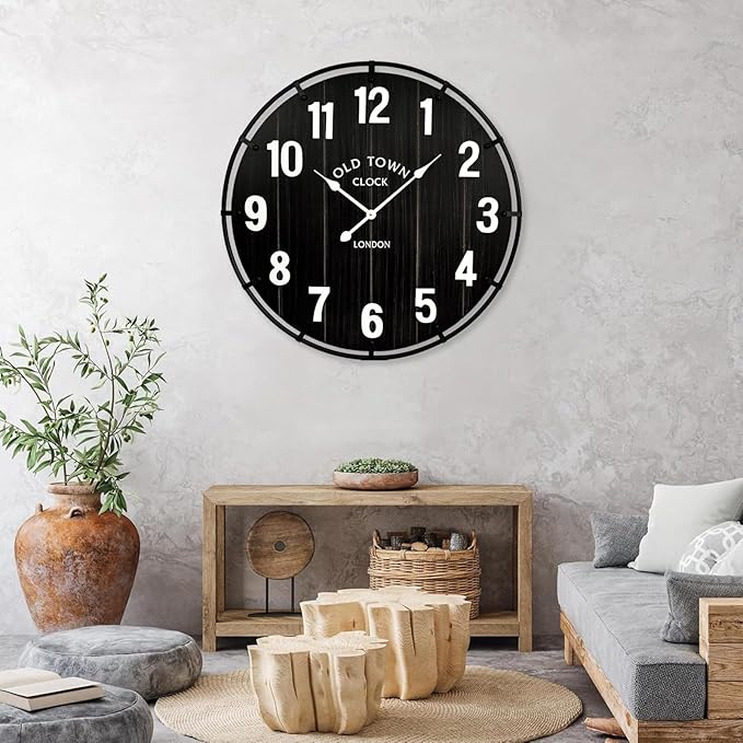 Farmhouse Black 24 Inch Wooden Large Wall Clock, Silent Non-Ticking Quartz Movement, Battery Operated Modern Rustic Clock for Living Room, Kitchen, Office, Home Decor