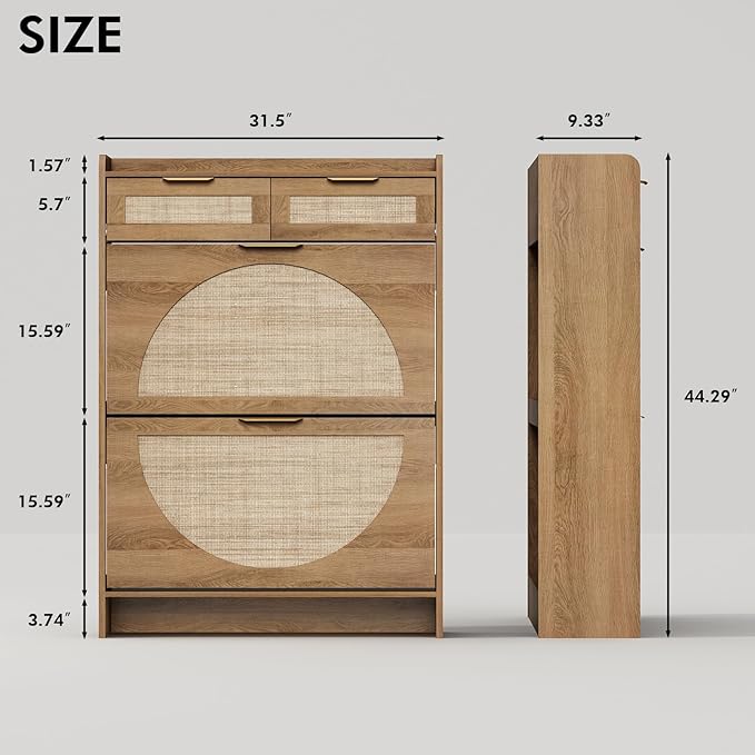 Rattan Shoe Storage Cabinet with 2 Flip Drawers & 2 Drawers, Freestanding Organizer for Front Door Entrance, Hidden Narrow Shoe Rack Cabinet Storage for Entryway, Rustic Oak Rattan