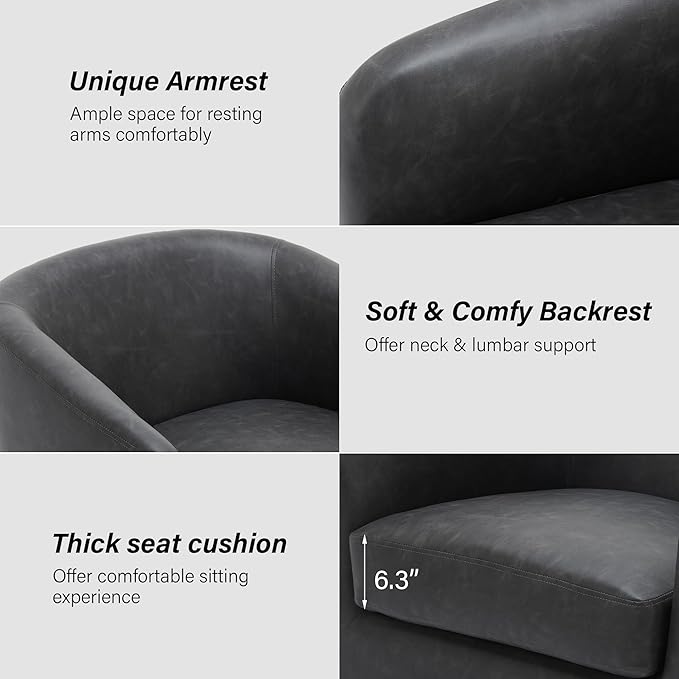 Swivel Barrel Chair, Modern Round PU Leather Accent Armchair for Living Room, Bedroom, Oversized Comfy Club Reading Chairs for Adults (Leather Black Grey, Set of 2)