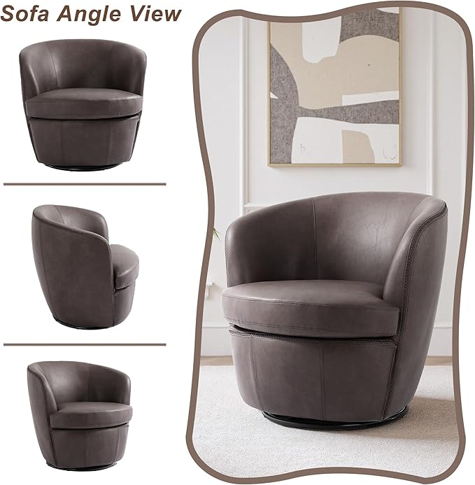 Swivel Barrel Chair, Modern Round PU Leather Accent Armchair for Living Room, Bedroom, Comfy Club Reading Chairs for Adults (Leather Chocolate, Set of 1)