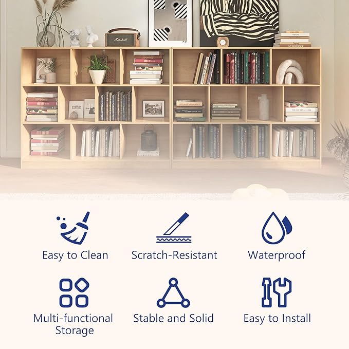 10-Cube Wooden Bookshelf with Base,3-Tier Freestanding Open Storage Organizer,Multi-Functional Bookcase for Living Room,Bedroom,Study and Office (Oak, 10-Cube)