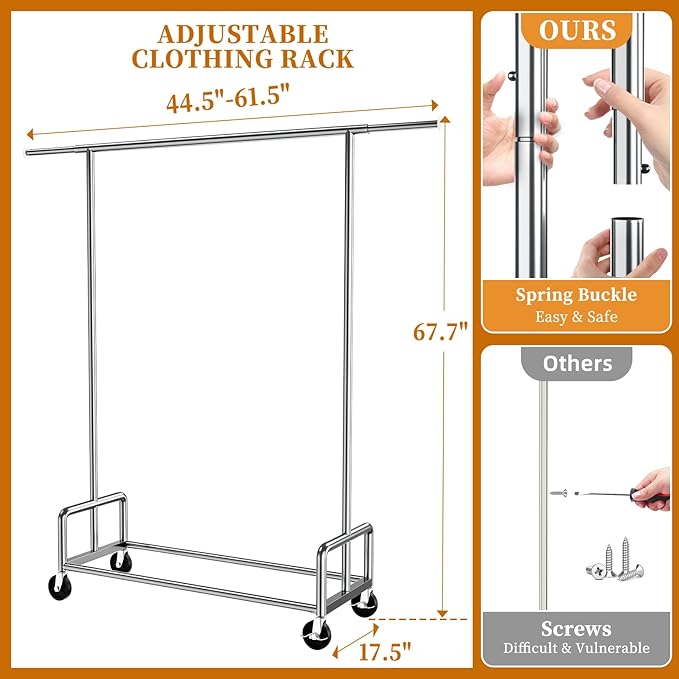Simple Trending Heavy Duty Clothing Clothes Rack with Wheels for Hanging, Metal Rolling Garment Rack Organizer Load 500 LBS, Chrome