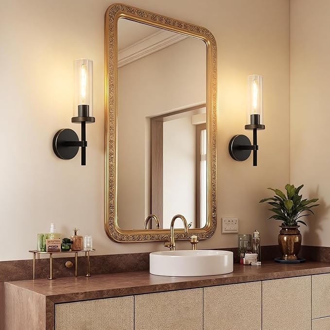 15" Knurled Brass Wall Sconces Set of 2, Black Gold Bathroom Vanity Light Fixtures with Clear Glass Tube, Modern Lamp Lighting for Bedroom, Living Room, Hallway, Staircase, Mirror, Kitchen