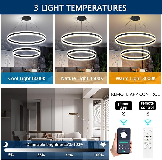 D23.6''+31.5'' Modern Ring Chandelier for Dining Room LED Dimmable Pendant Lighting High Ceiling Chandelier for Living Room Foyer Bedroom Entryway 3000K-6000K Black