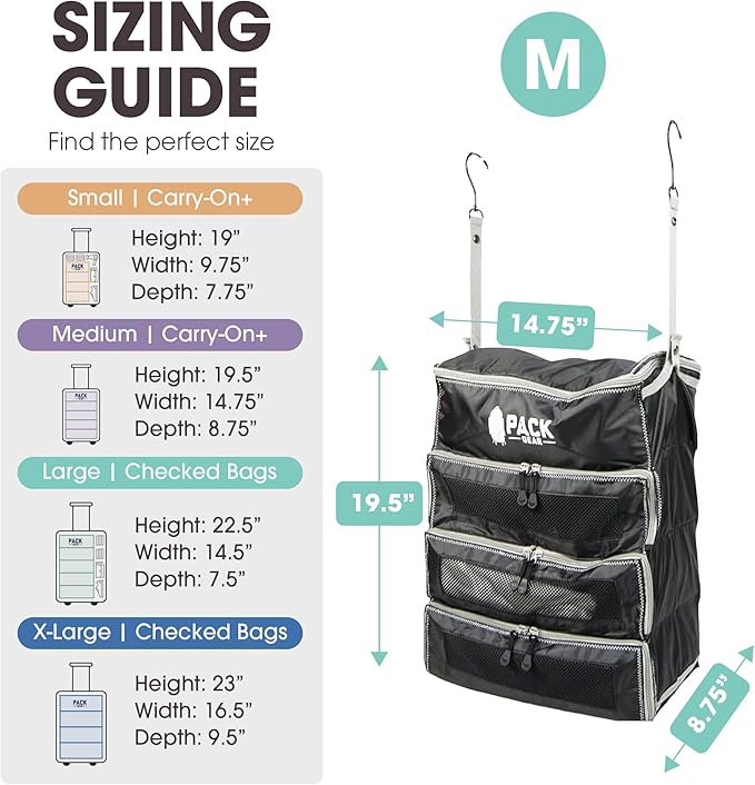 Pack Gear Hanging Carry-On Organizer - Our Fitted Hanging Luggage Organizer Perfectly Fits Any Carry On - Our Packing Cubes For Travel Use Mesh Windows to Make Finding Clothes Easy (Black, M)