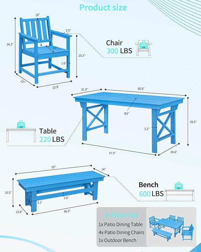 QUASCO Outdoor HDPE Dining Table Set, 6-Piece Outdoor Patio Dining Sets with Umbrella Hole Table and 1 Bench and 4 Chairs for Backyard, Deck, Garden and Poolside, Blue
