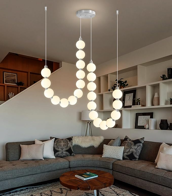 Modern Chandeliers LED Dimmable Light Acrylic Balls Ceiling Pendant Lighting for Dining Room Living Room Bedroom Adjustable Hanging Lights 45 Watts Silver Lamp