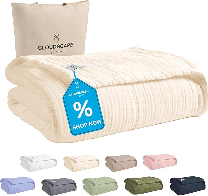 Cloud Scape Linen 100% 8 Layer Cotton Muslin Blanket King Size for Adult, Lightweight & Breathable, All Season Oversized Blanket for Bed, fits California King, 92x108, Ivory
