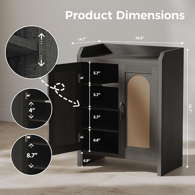 Shoe Cabinet Storage for Entryway, Natural Rattan Shoes Cupboard, Wooden Shoe Rack with Doors and Shelves, Farmhouse Boho Wood Shoe Organizer Cabinet for Hallway Black