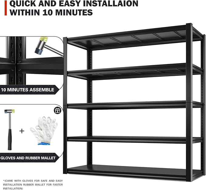 REIBII 48.2" W Garage Shelving Heavy Duty Metal Shelving 3000LBS Storage Shelves Adjustable Metal Shelf Industrial 5 Tier Shelves for Basement Pantry Warehouse Supermarket 72.2" H x 24.2" D x 48.2" W