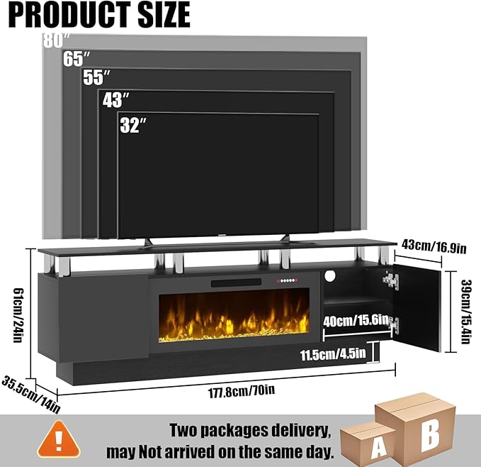 70" Modern Fireplace TV Stand with 36" Electric Fireplace for TVs Up to 80 inch, Luxury LED Light Entertainment Center with High Gloss Cabinet, TV Consoles for Living Room, Black