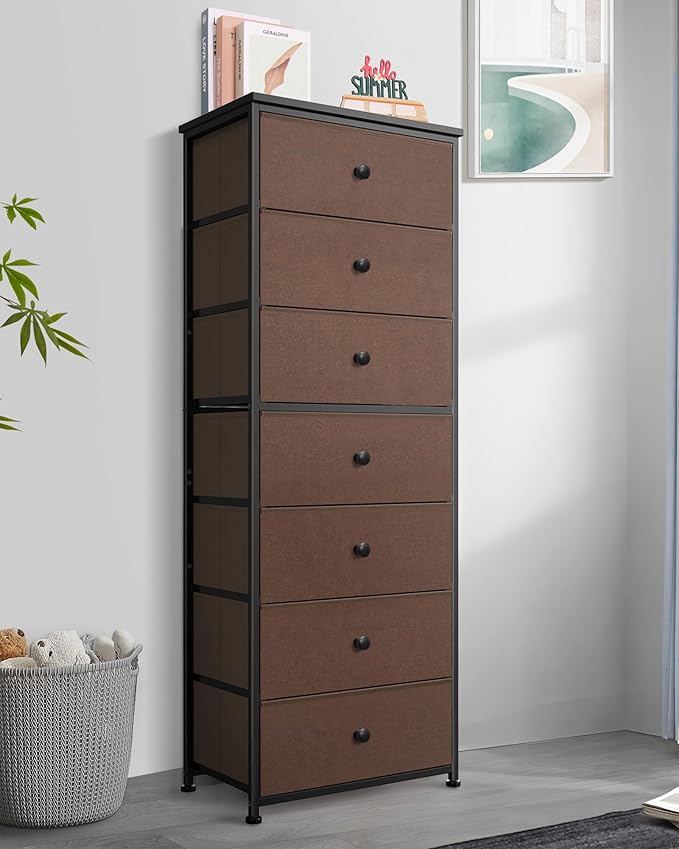 Tall Fabric Dresser for Bedroom, Vertical Storage Organizer Tower with 7 Drawers, Chest of Drawers with Bins, Steel Frame, Wood Top for Bedroom, Closet, Entryway Grey