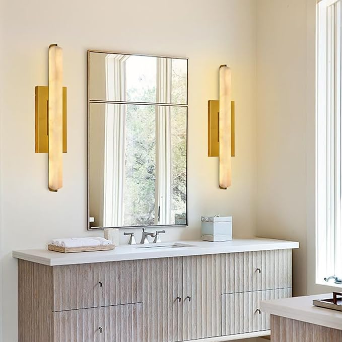 Alabaster Wall Sconces Set of Two, 25" Brass Alabaster Sconce, Spanish Natural Marble Wall Sconce Lamp Indoor, Rectangle Modern Sconces Lighting for Bathroom Living Room Bedroom Stairs Hallway
