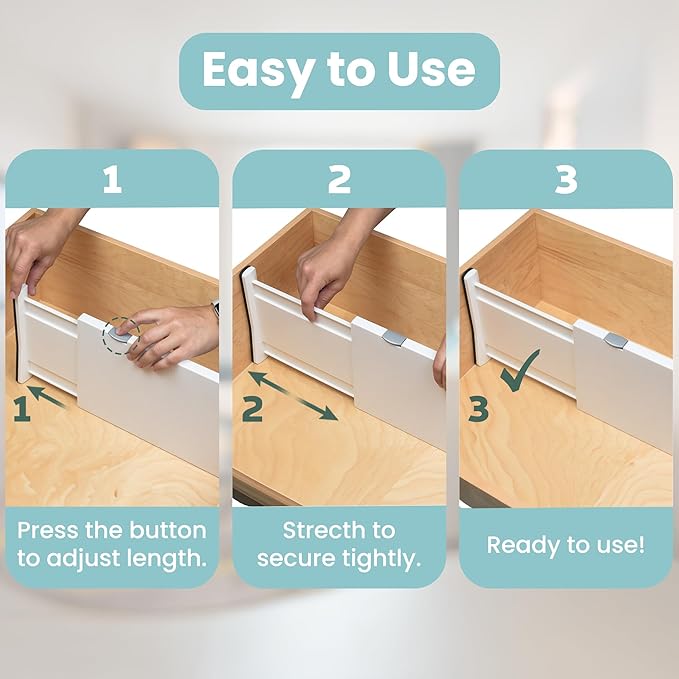 RAPTUROUS Adjustable Drawer Dividers, 8" Tall, Expandable 13.35-22", 6-Pack, Non-Slip for Deep Drawers in Kitchen, Bedroom, and Closet (White)