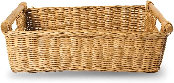 The Basket Lady Low Pole Handle Wicker Storage Basket, Extra Large, 21.5 in L x 14.5 in W x 6.5 in H, Sandstone
