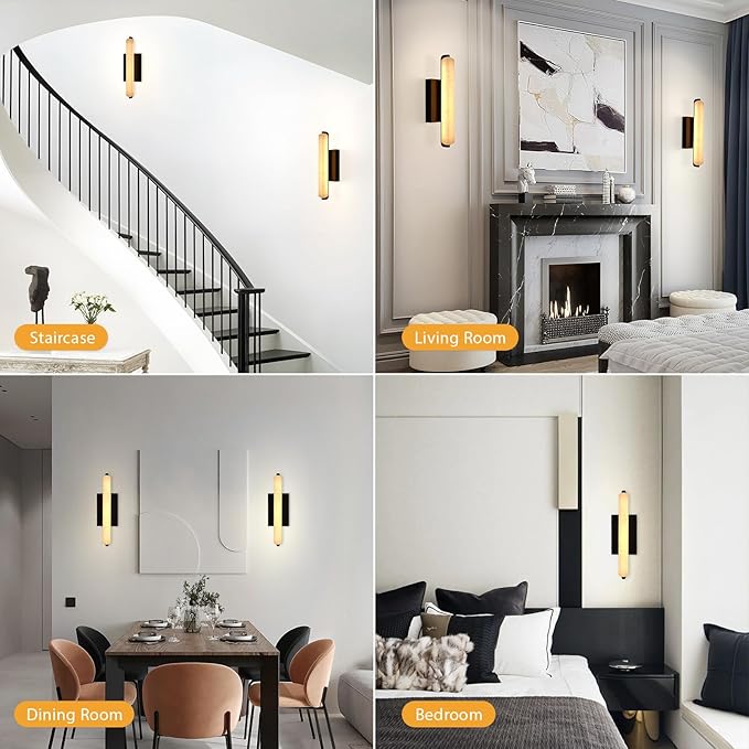 Alabaster Wall Sconces, 15" Black Alabaster Sconce, Spanish Natural Marble Wall Sconce Lamp Indoor, Rectangle Modern Sconces Lighting for Bathroom Living Room Bedroom Stairs Hallway