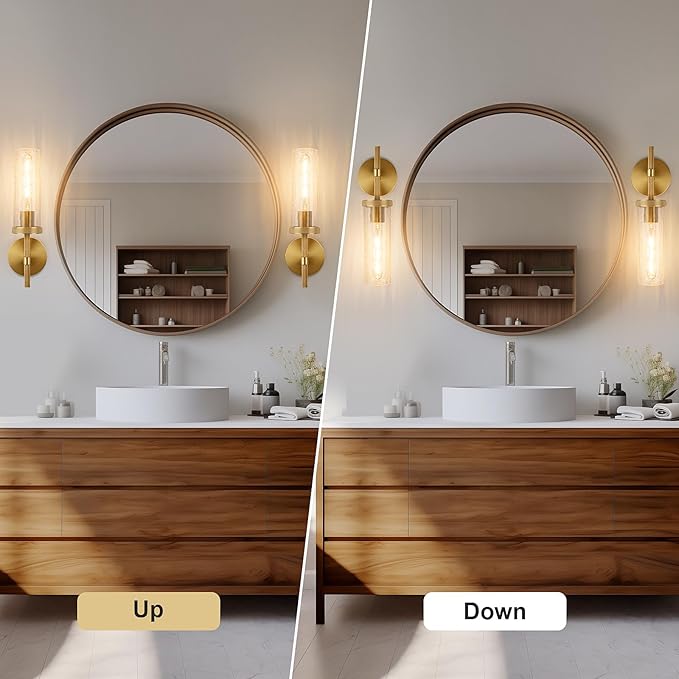 15" Knurled Brass Wall Sconces Set of 2, Gold Bathroom Vanity Light Fixtures with Crackle Glass Tube, Modern Lamp Lighting for Bedroom, Living Room, Hallway, Staircase, Mirror, Kitchen