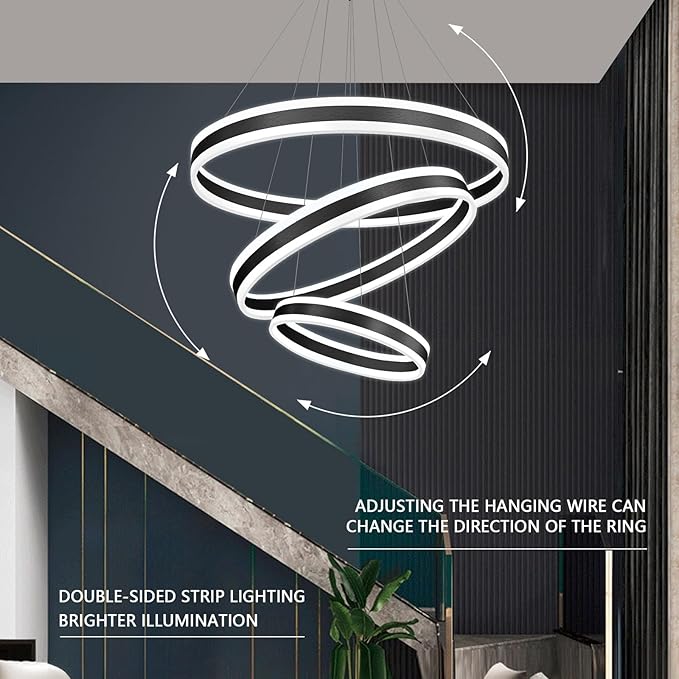 D23.6'' Modern LED Dimmable Chandeliers for Dining Room 3-Rings High Ceiling Chandelier for Living Room Adjustable Pendant Light Flush Mount Light Fixture for Foyer Entryway Bedroom 3000K-6000K