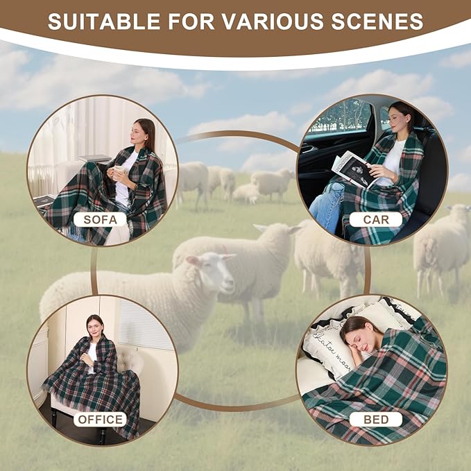 Green Plaid Throw Blanket for Couch,100% Wool Throw Blanket for Home Decor, Soft Lightweight Cozy All Season Decorative Vintage Blankets for Travel,Bed, Sofa, Chair, Outdoor 55"x83"/1.5LBS