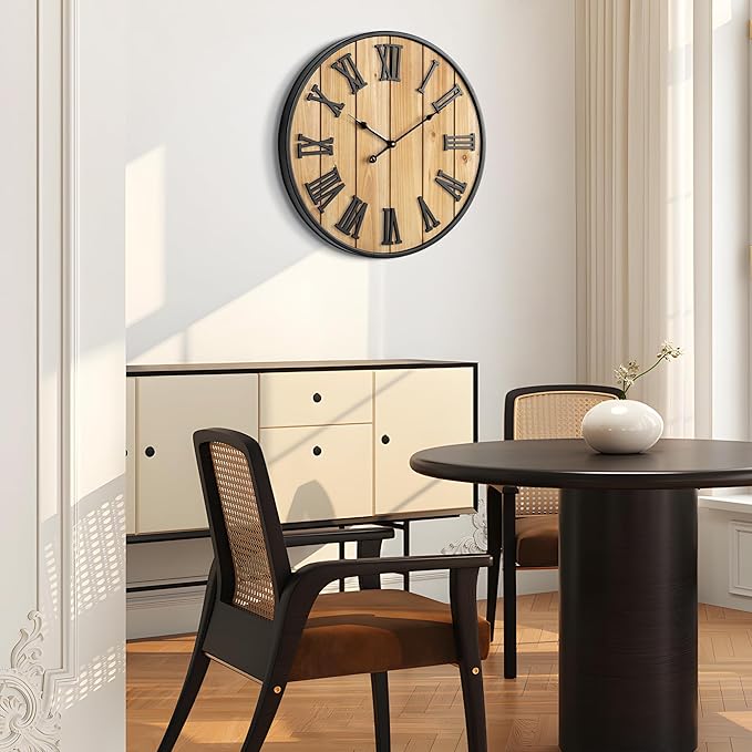 Large Wall Clock 20IN, Silent Metal Wood Style Wall Clocks Battery Operated for Living Room Decor, Farmhouse Big Wall Clock, Outdoor