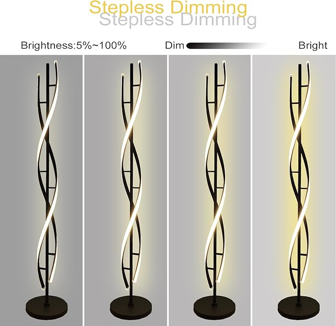 61" LED Floor Lamp for Living Room, 40W 3 Colors Stepless Dimmable and Color-Changing Bright Floor Standing Lamp,Unique Spiral Floor Tall Lamp for Bedroom Office with Remote (Black)