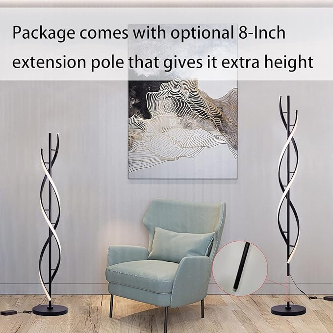 Spiral LED Floor Lamp for Bedroom,Modern Floor Lamps with Remote Control 60 Inch Dimmable Black Floor Lamp 48W Standing Lamp Timing 3 Color Temperature Corner Floor Lamps for Living Room