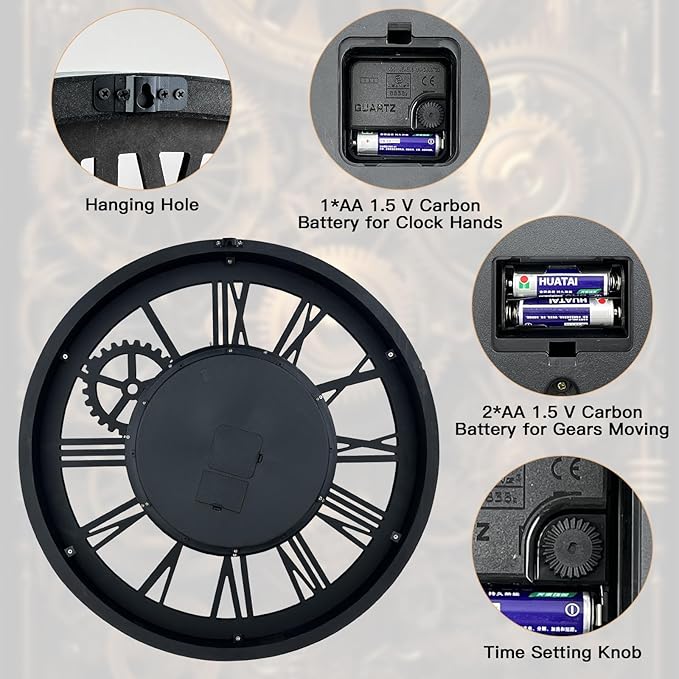 The B-Style Large Wall Clock 24 inch Moving Gear Wall Clock Oversized Vintage Farmhouse Wall Clocks for Living Room Decor Rustic Industrial Wood Clock (Cherry red and Bronze, 36 inch/90cm)