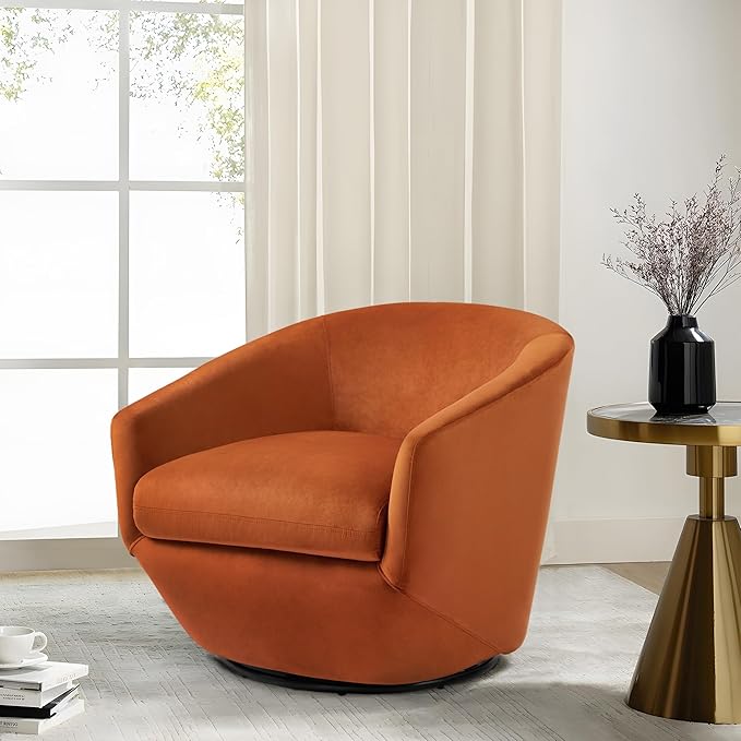 Swivel Barrel Accent Chair, Modern Round Velvet Fabric Arm Chair for Living Room, Bedroom, Comfy Club Reading Chairs for Adults(Velvet, Orange, Set of 2)