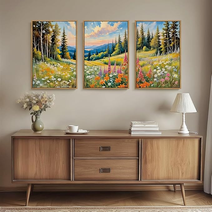Anyzal Colorful Woodland Wall Art Large Floral Field Wall Decor 16x24 Inch Set of 3 for Living Room Bedroom Dining Room
