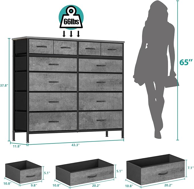 Gray Dresser for Bedroom with 12 Deep Drawers, Wide Chest of Drawers, 55" Wood Top TV Stand, Tall Fabric Storage Cabinet for Closet, Nursery, Kid's Room